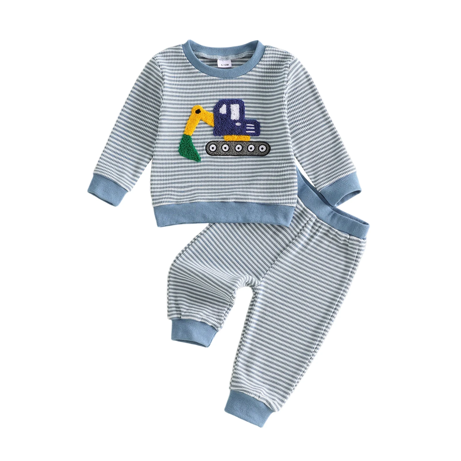 Toddler Baby Boys Striped Outfit Fashion Fall Long Sleeve Excavator Embroidery Pullover with Pants 2Pcs Set
