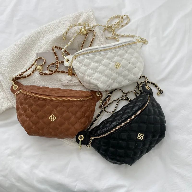 Elegant Diamond Lattice PU Leather Chain Waist Bags For Women 2022 Stylish Applique Fanny Packs Female Waist Pack Crossbody Bag