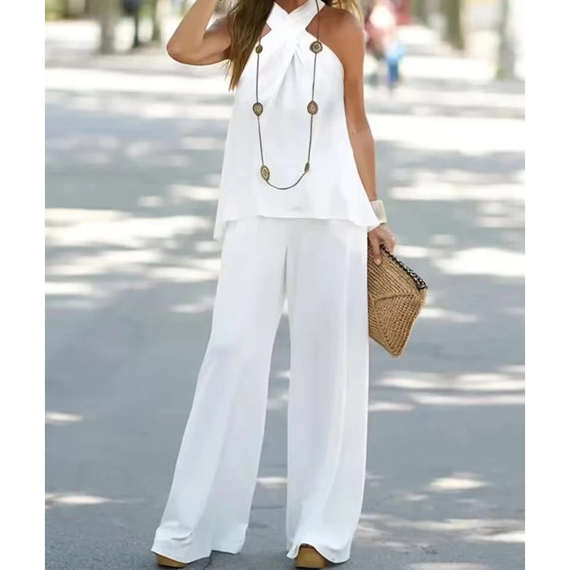 Fashion Women’s 2 Pieces Outfits Criss Cross Halter Neck Bow Tie Back Tank Top Long Wide Leg Pants Set White Chiffon Clothes