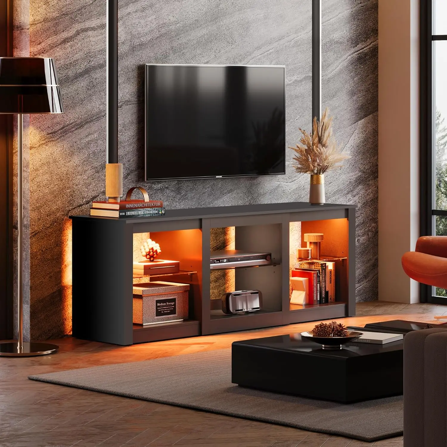 TV Stand for 65 Inch TV, 58“ Entertainment Center with Adjustable Glass Shelves, LED TV Stands for Living Room, Black