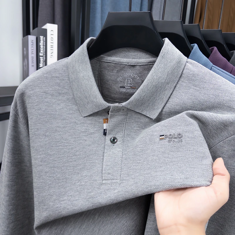 Luxury Quality 100% Cotton Men's Polo Shirt Turtle Back Letter Embroidery Long Sleeved Autumn Lapel T-Shirt Business Men's Wear
