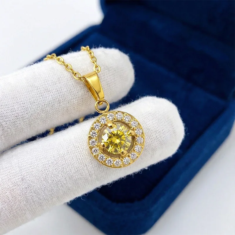 

1 шт. Модное золотое ожерелье с круглым кулоном 0,5 карата и желтым муассанитом, подходит для различных случаев.