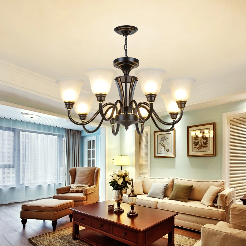 

American luxury chandelier living room lamp retro country classical European simple villa duplex building black jumper lamps