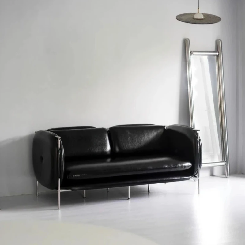 

Black leather middle sofa designer vintage Bauhaus apartment furniture stainless steel living room