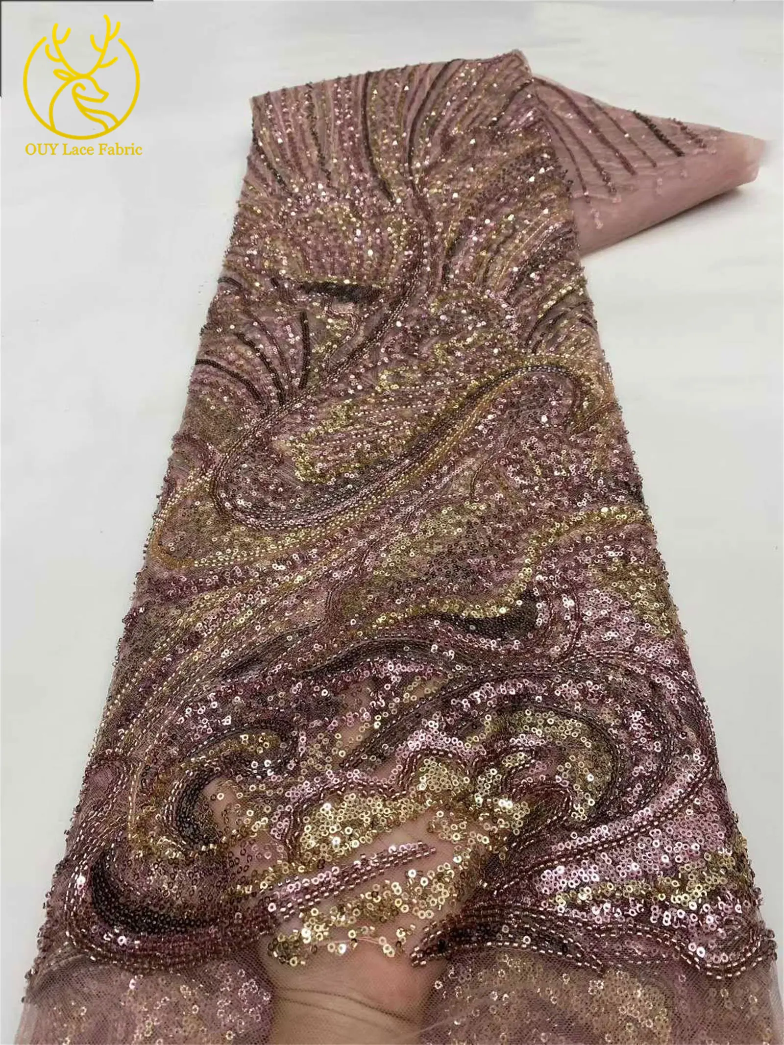2026 Afrikanischer Perlen-Pailletten-Spitzenstoff, hochwertiger nigerianischer Tüll-Spitzenstoff, geeignet für Hochzeitskleid-Nähmaterial, 5 Yards – Detail 7