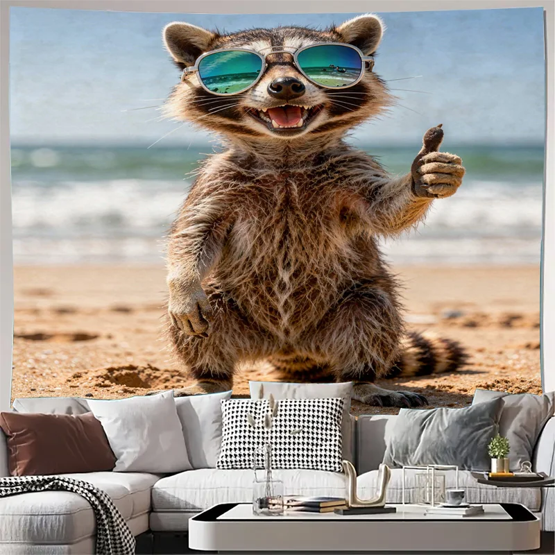 Funny Raccoon Beach Tapestry Coastal Tropical Wall Hanging Art Decor Animals Summer Beach Vacation Safari Jungle Home Gift Print
