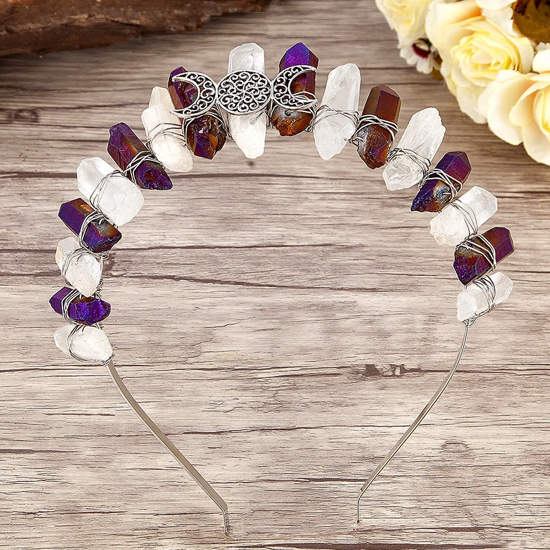 Hollow Moon Hair Accessories Inlaid Natural Quartz Raw Crystal Headdress Queen Witch Dress Up Crown Tiara Fashion Jewelry Gifts