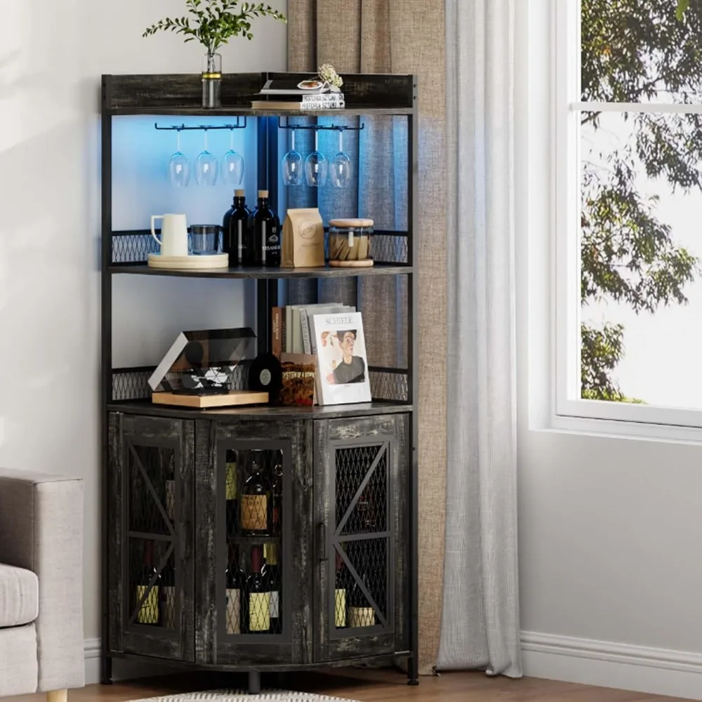 

Bar Cabinet With Power Outlet And Led Light, Coffee Bar Cabinet For Home Bar, Industrial Corner Shelf With Wine Storage,