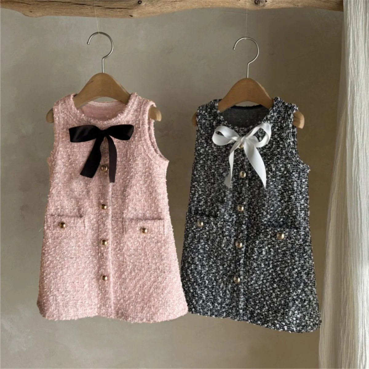 

Baby Girl Bow Temperament Small Fragrant Style Vest Dress Children Clothing Girls Spring Autumn Sleeveless Princess Dress
