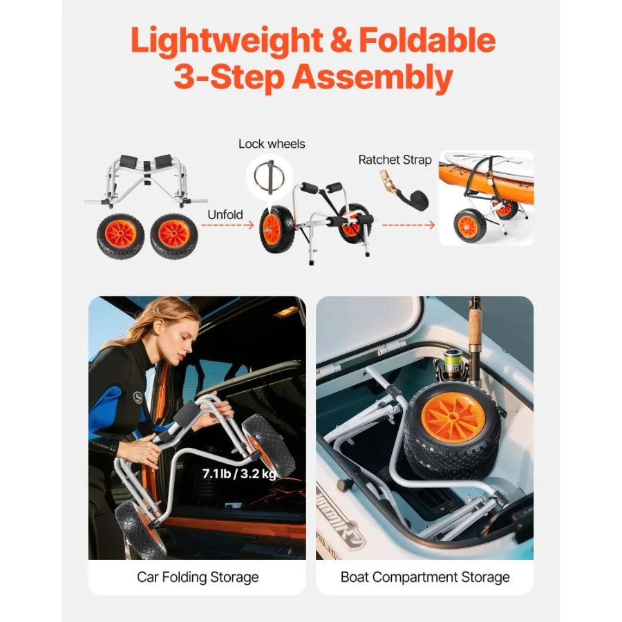 

Тележка для каяков с грузоподъемностью 250 фунтов, складная, с 10-дюймовыми цельными резиновыми шинами и 1 ремнем-фиксатором для каяков, каноэ и лодок с веслами.