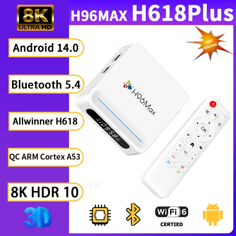 

Смарт ТВ-приставка Android 14.0 Allwinner H618 Quad Core A53, 4K HD, Wi-Fi 2.4G/5G, Wi-Fi 6, 100M, 4 ГБ ОЗУ, 32 ГБ ПЗУ, медиаплеер, смарт-приставка