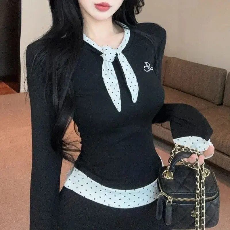 Women Polka Dot Bow Tie Neck Sweet T-shirts Slim Long Sleeve Cuff Autumn Fashion Embroidery Detail Cropped Korean Pullover Top