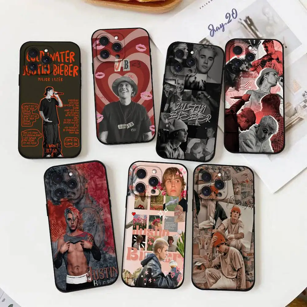 Capa de Celular Fashion Justin Bieber para iPhone 17 16 15 14 13 12 11 X XR XS Plus Pro Max Mini, Capa Preta Macia