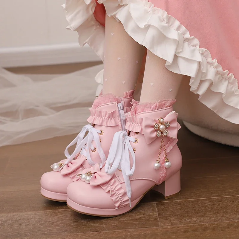 2024Sweet Crystal Flower Pearls Chain Ankle Boots for Princess Bow Cross-tied Ruffles Party Girls Shoes 7 8 9 10 12 14 16 17 18