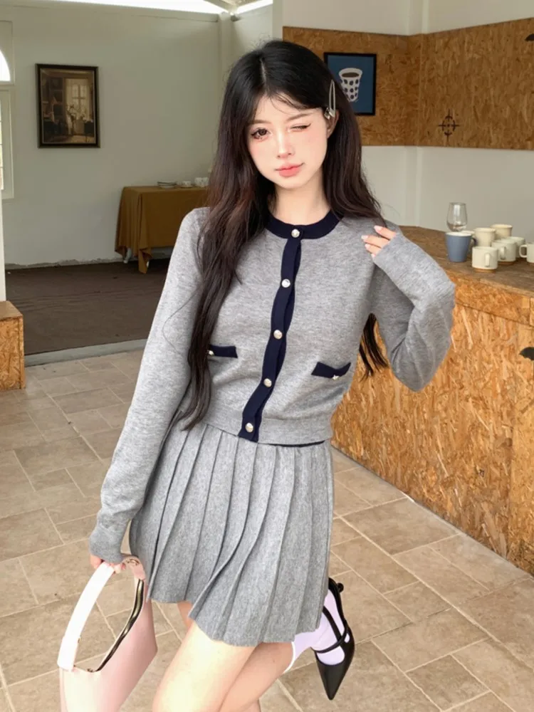 Korean Fashion Knitted Two-piece Skirt Set Women Single Breasted O-neck Top Pleated Mini Skirt Autumn Elegant Outfits Knitwear