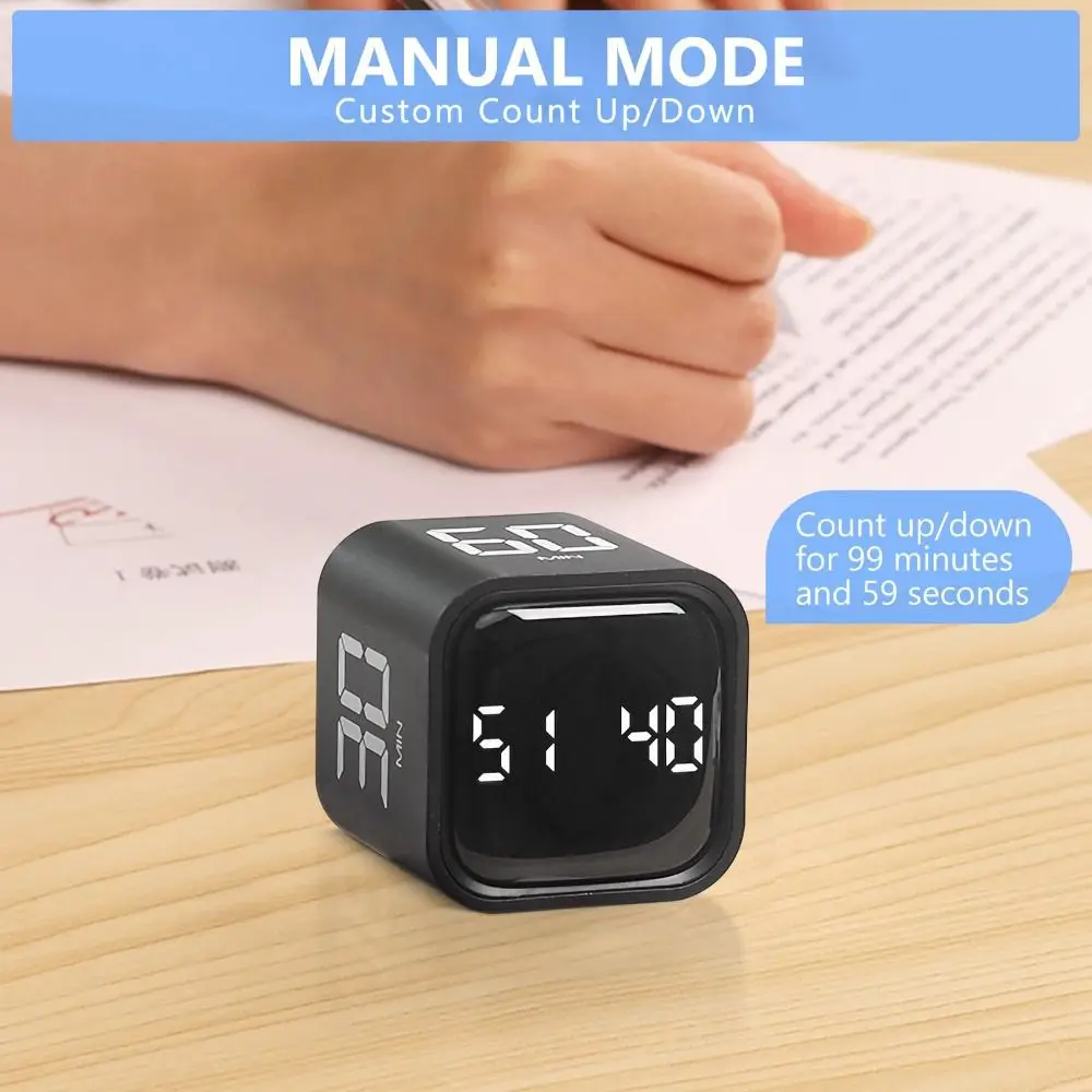 Gravity Sensing Digital Cube Timer 5/10/30/60min 3 Volume Adjustable Pomodoro Timer Custom Countdown Rotation Timing