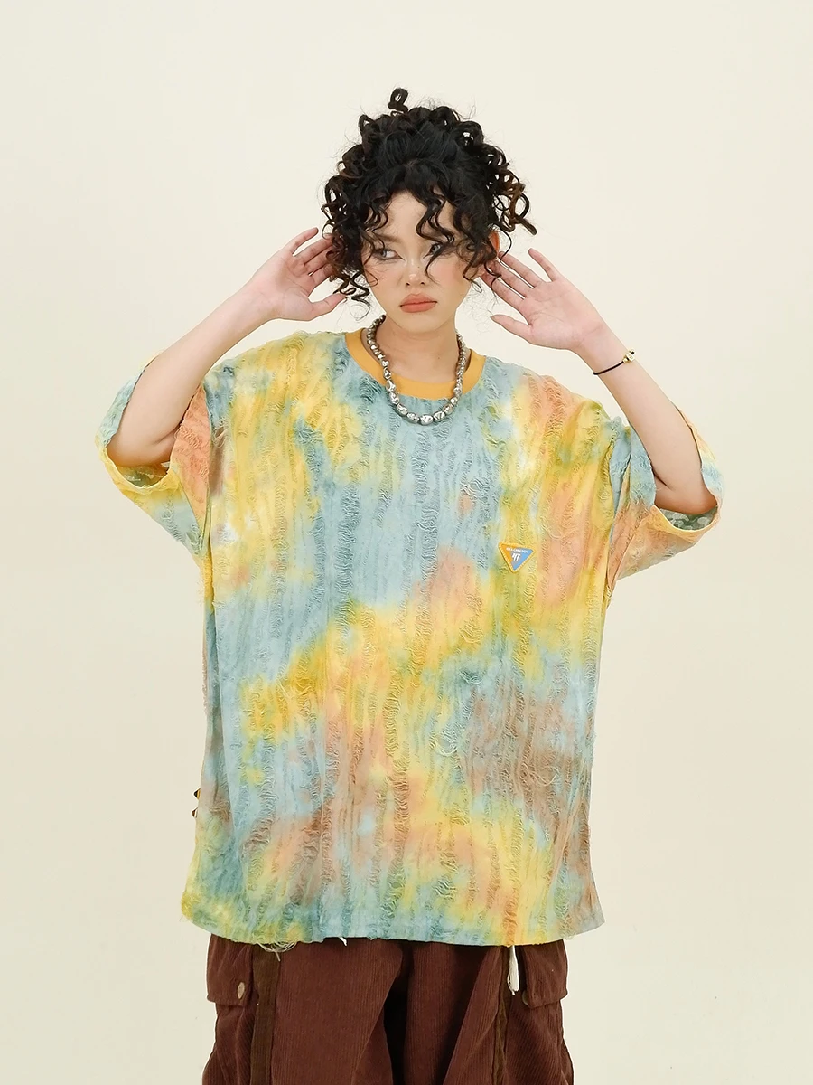 Tie dye gradient hollowed out short sleeved T-shirt for women's 2024 summer new loose bf American fashion brand ins top