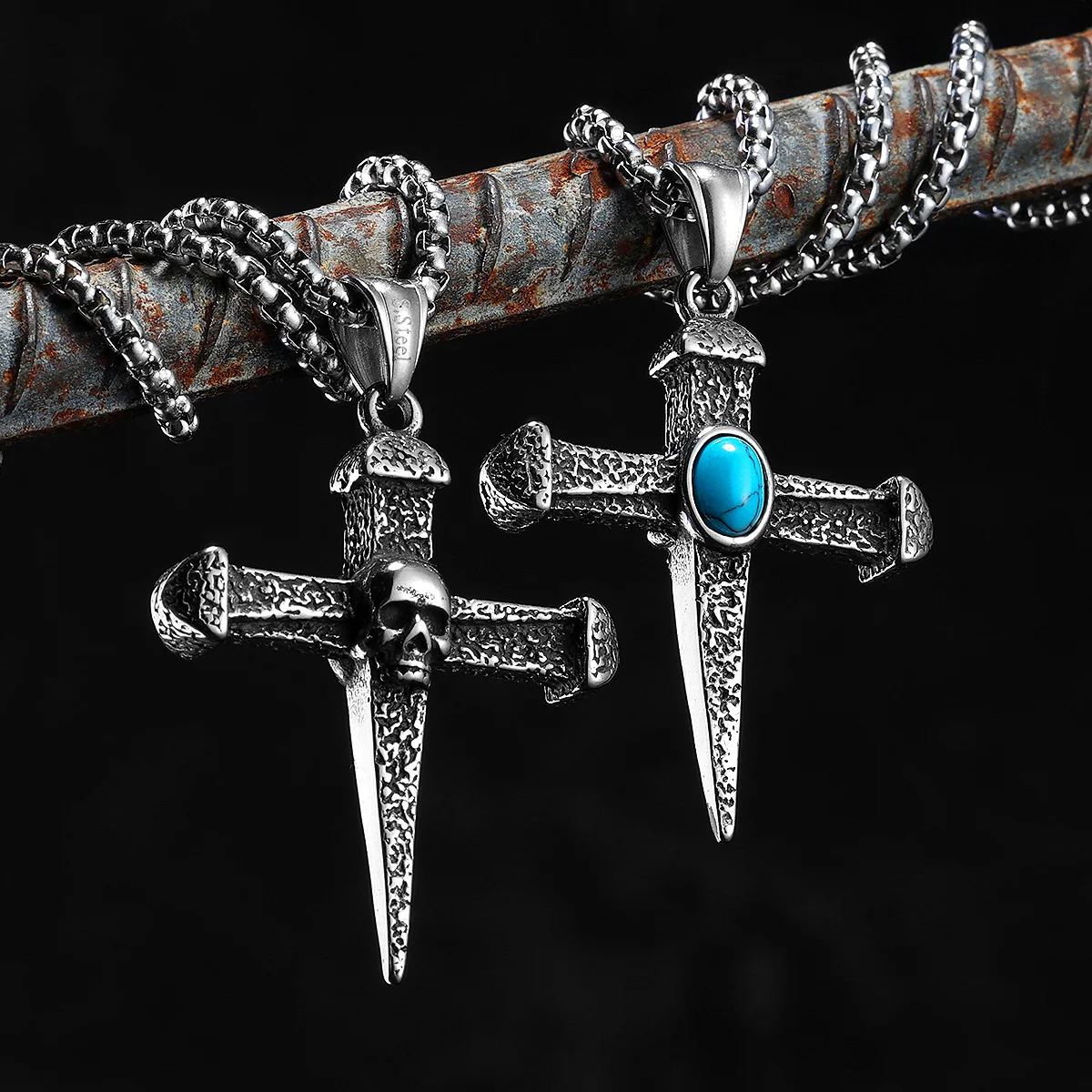 Skull Turquoise Cross Men Necklaces Stainless Steel Pendant Chain Women Fashion Jewelry Double Side Accessories Gifts Wholesale