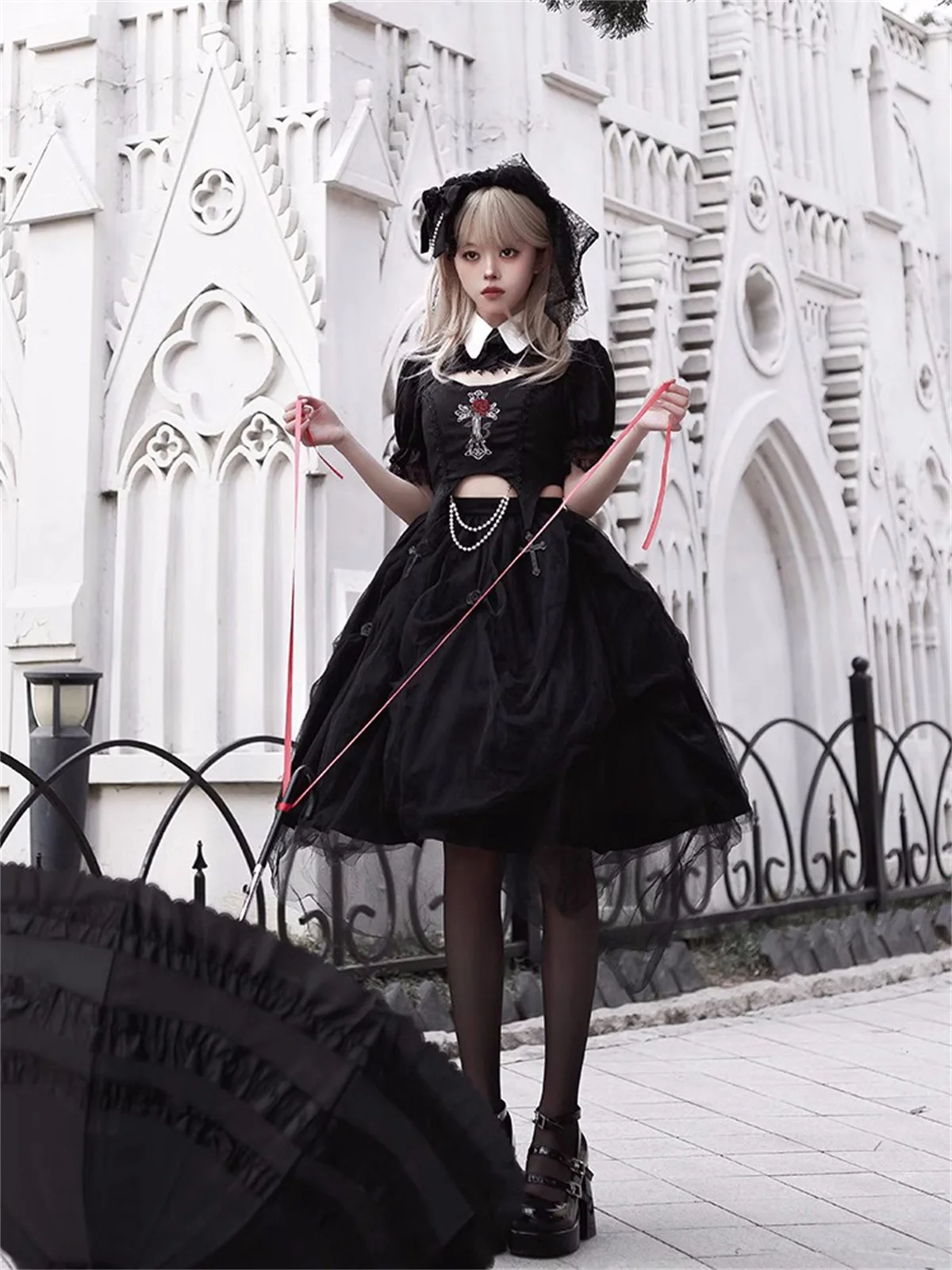 French Vintage Elegant Gothic Style Cosplay Lolita Sweet Girls Op Dark Embroidery Cross Rose Flower Pearls Chain Tunic Dress