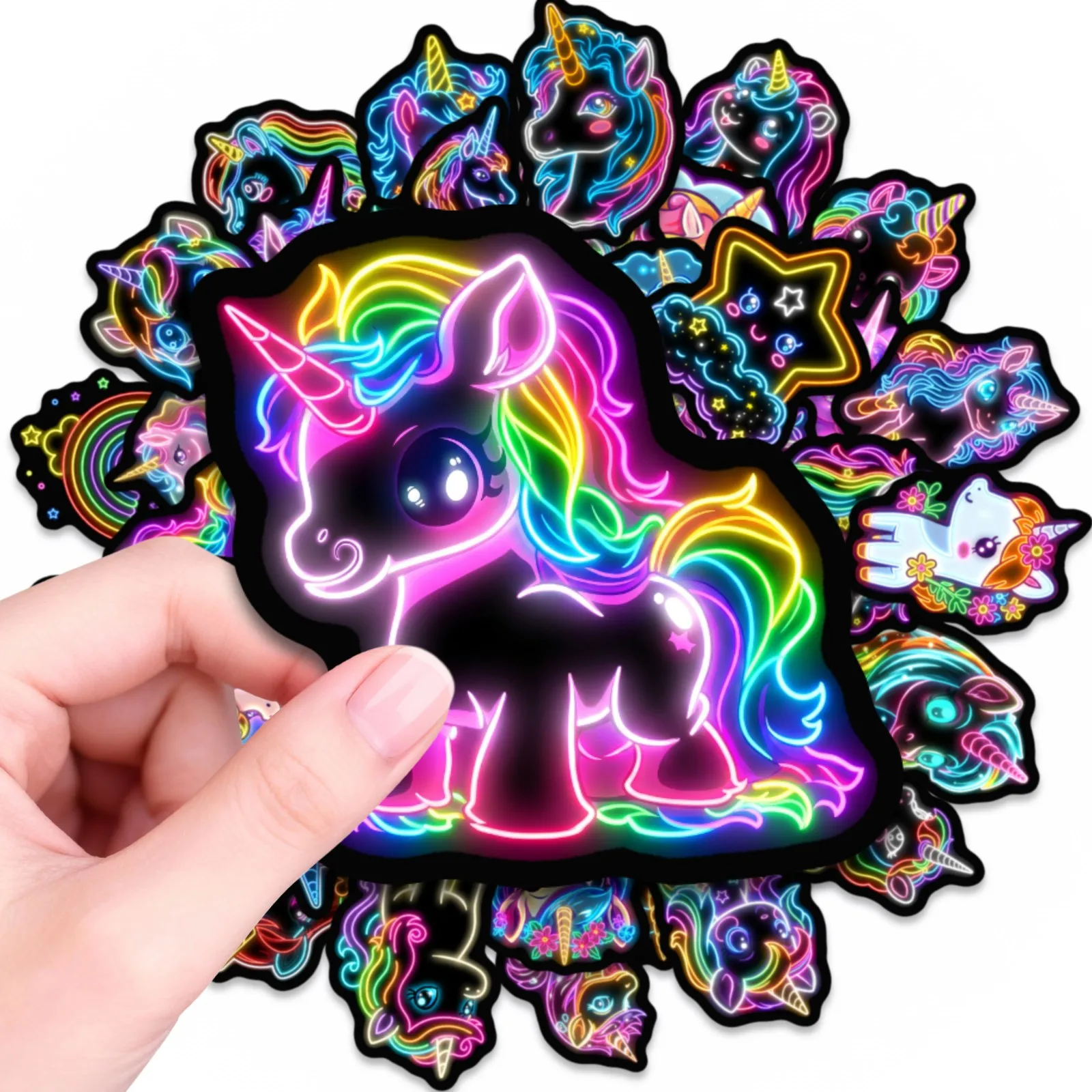 50 Stück Cartoon Neon-Stil Einhorn Regenbogen Pferd Aufkleber Buch DIY Skateboard Gepäck Koffer Dekoration Graffiti Sticker – Detail 1