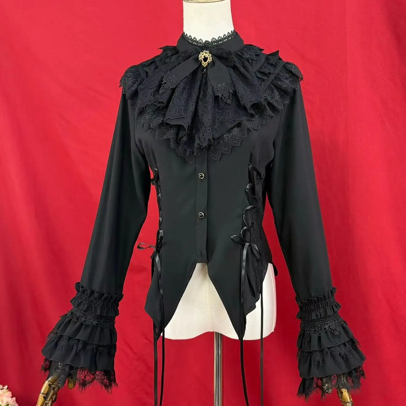 Original Lolita Gothic Style Elegant Lace Diamonds Bow Long Sleeve Women Blouses Irregular Slimming Flare Sleeve Subculture Tops
