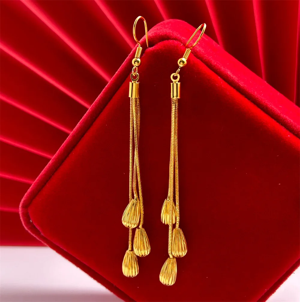 

Genuine 18 K Gold Long Tassel Drop Flower Earrings for Women for Ball Birthday Wedding Engagement Long Earring Fine Jewelry Gift