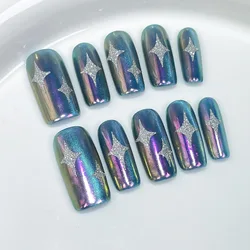10PCS Colorful Aurora False Nails Y2K Press On Square Glitter Stars Decor Handmade Fake Nails Medium Length Ballet Full Cover