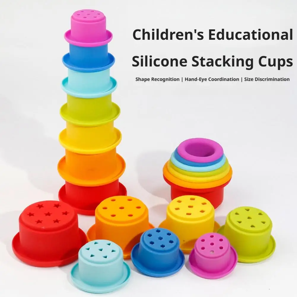 Silicone Hourglass Stacking Cup Montessori Educational Toy Stacking Ring Tower Toys Intelligence Gifts Toys Bath Play Water Set