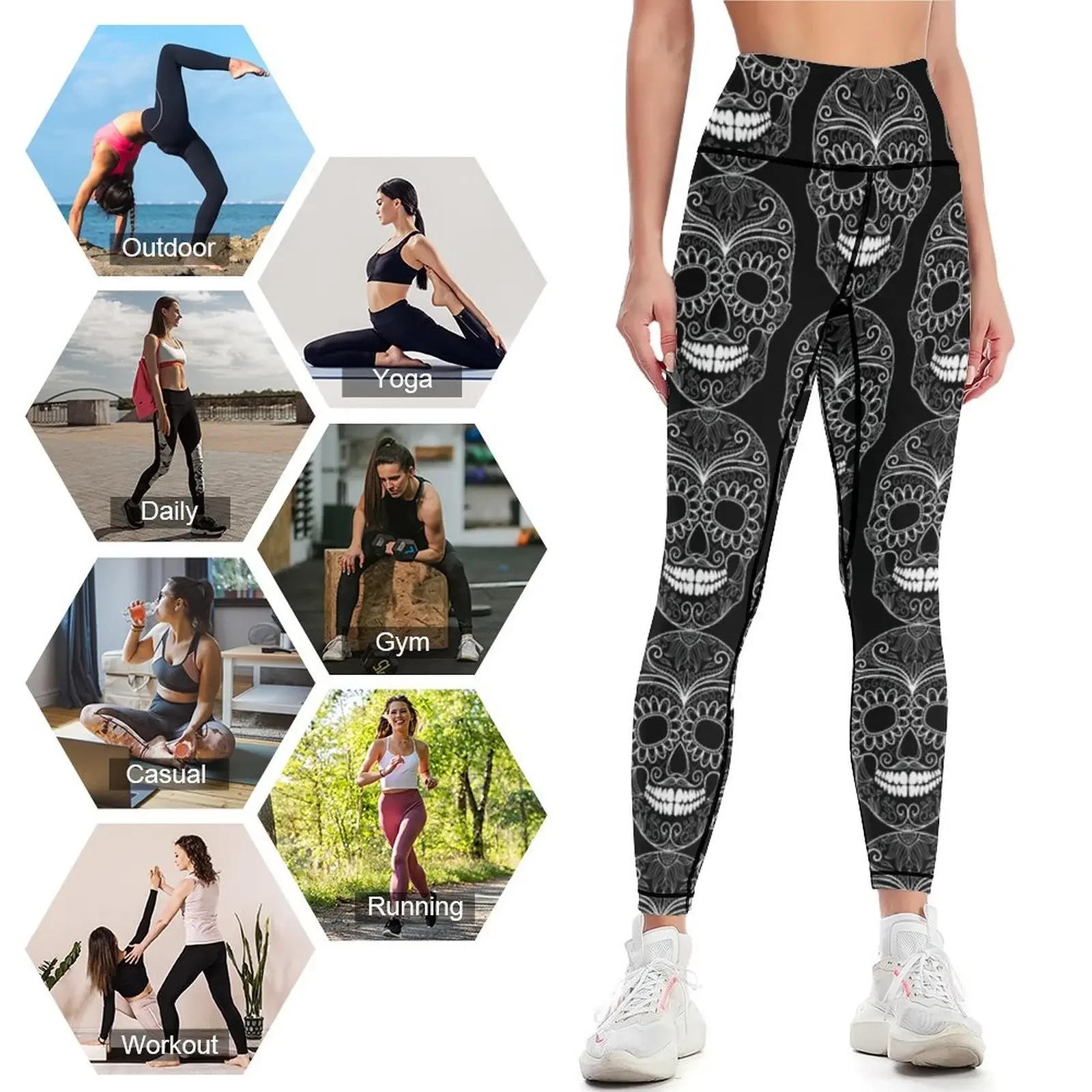 Leggings con contorno bianco con teschio del giorno dei morti Abbigliamento sportivo da donna legging push up Leggings da donna