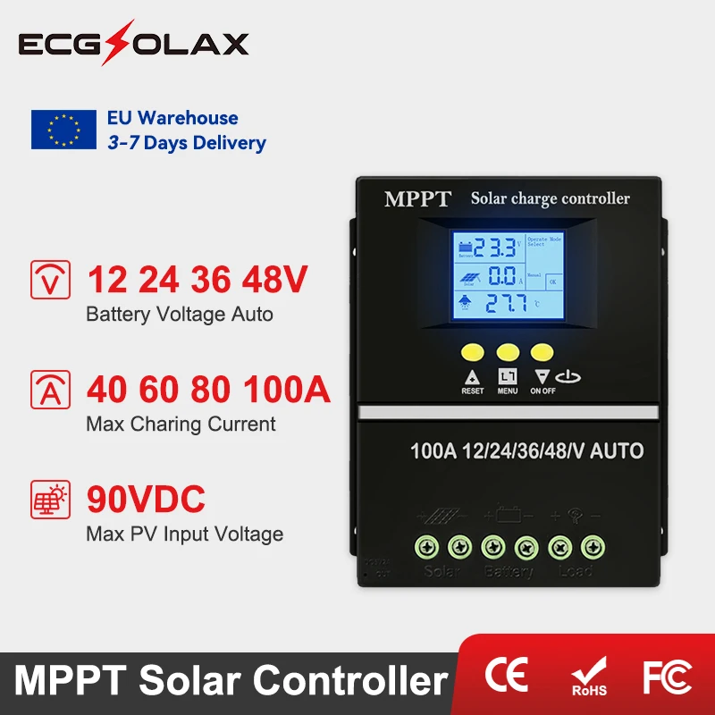 ECGSOLAX 100A 40A 60A 80A MPPT Solar Charge Controller 12V 24V 36V 48V With Dual USB Solar Panel Regulator Charging Controller