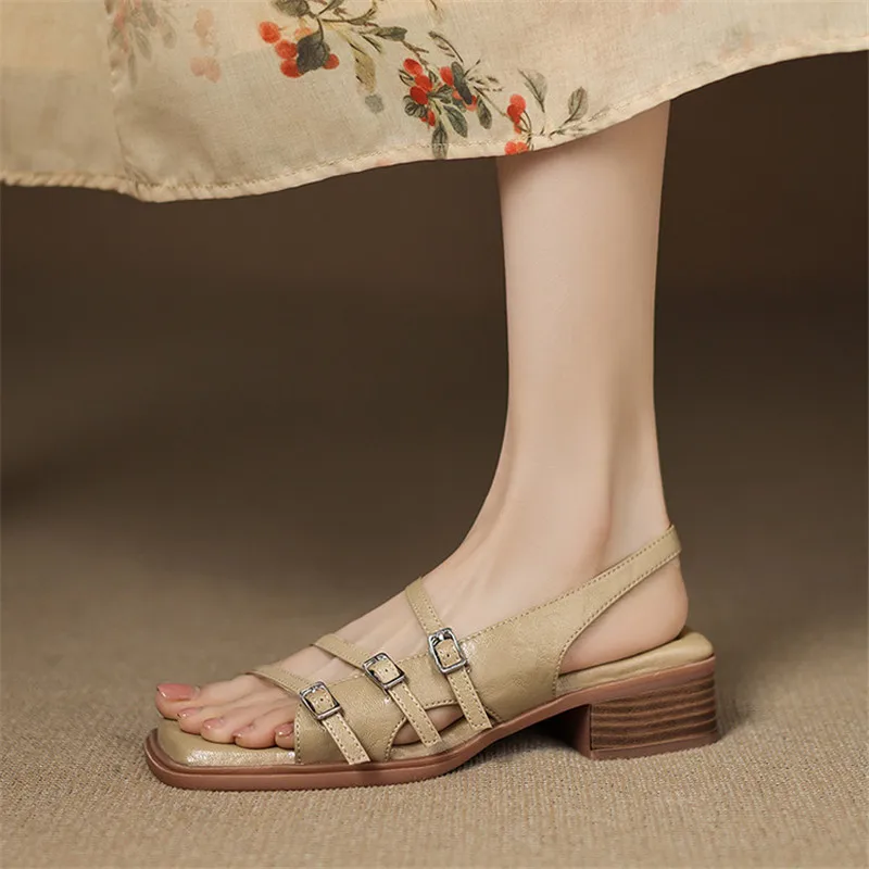 New Summer Sandals Split Leather Women Shoes Square Toe Sandals for Women Fashion Belt Buckle Chunky Heel Sandal Gladiator Shoes