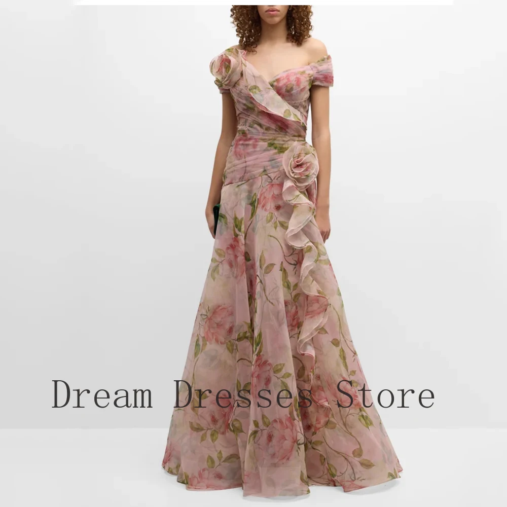 

Customized Pastrol Organza Handmade Flower Pleat Draped A-line Off-the-shoulder Long Dresses Bespoke Occasion Dresses Matching