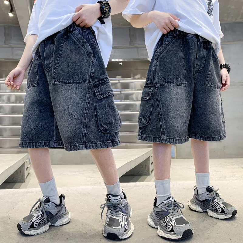 High Quality Item Teenage Boys Blue Denim Shorts Vintage Knee-Length Casual Cargo Trousers Fashion Outfit for Toddlers Ages 4-14