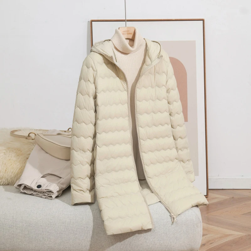 Schinteon Women's Lightweight 90% White Duck down Long Jacket with Hood Casual Autumn Winter High Qaulity Outwear Coat 2026 New