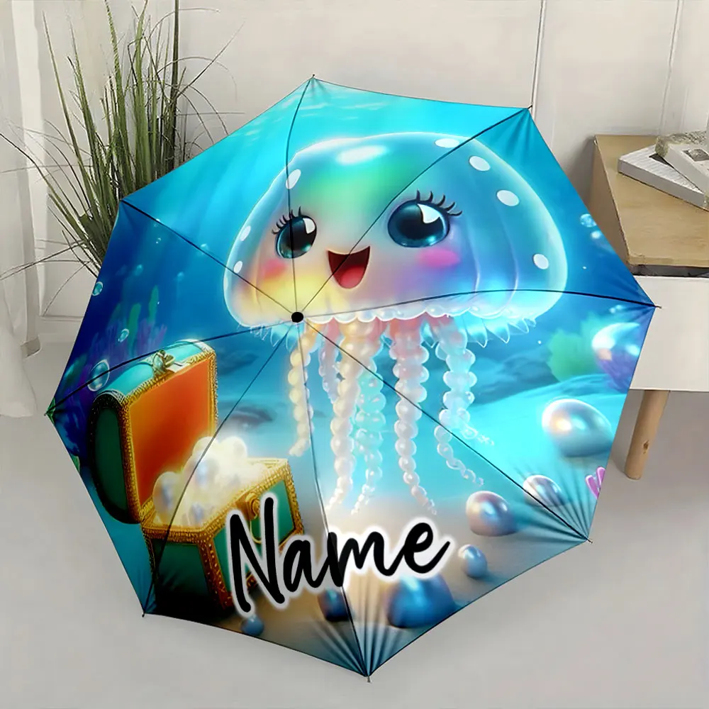 Custom Name  Cute Jellyfish Umbrella with Treasure Chest Design Print 8 Iron Ribs Folding Umbrella Auto-Open Fashion Sunshade