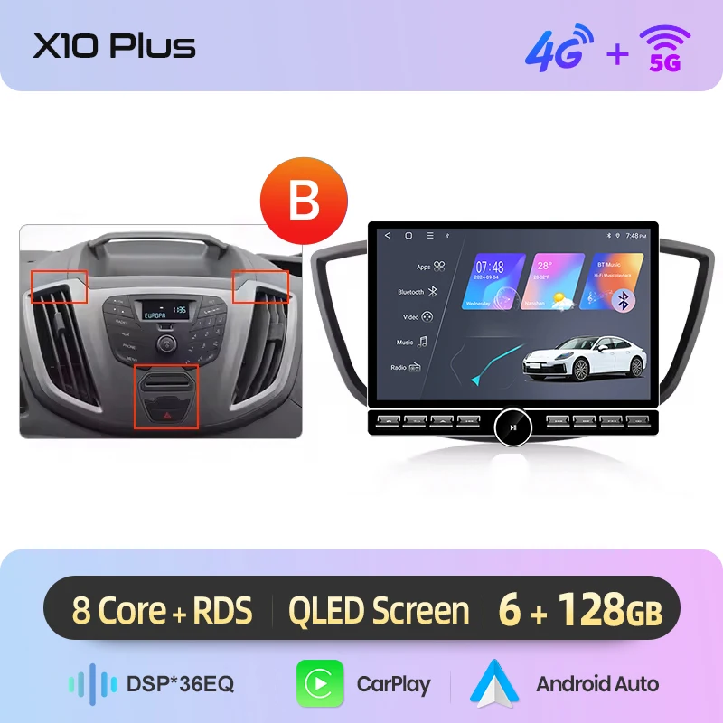 Junsun 13.1″ QLED draadloze CarPlay Android Auto autoradio voor Ford Transit Custom Tourneo 2013-2021 intelligente systemen DSP SWC