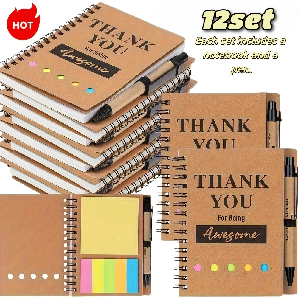 

12pcs Spiral Notebooks with Sticky Notes Colored Index Tabs Bulk Memo Pads with Bamboo Pen for Students Team Teacher Gifts