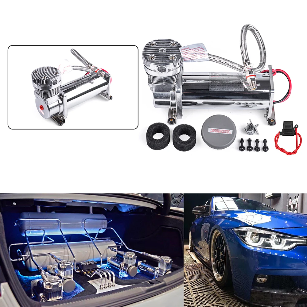 Universal DC 12V 480c MAXPOWER 200 PSI Outlet 3/8 or 1/4  car Air Suspension Compressor/ Pump Silver and Black Car Accessories