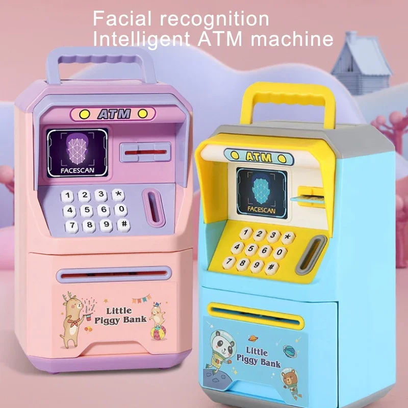 

Blue Pink Safe Deposit Box, ATM Machine Money Can, Face Password Roll Money Safe Deposit Box, Savings Can, Piggy Bank for Adults