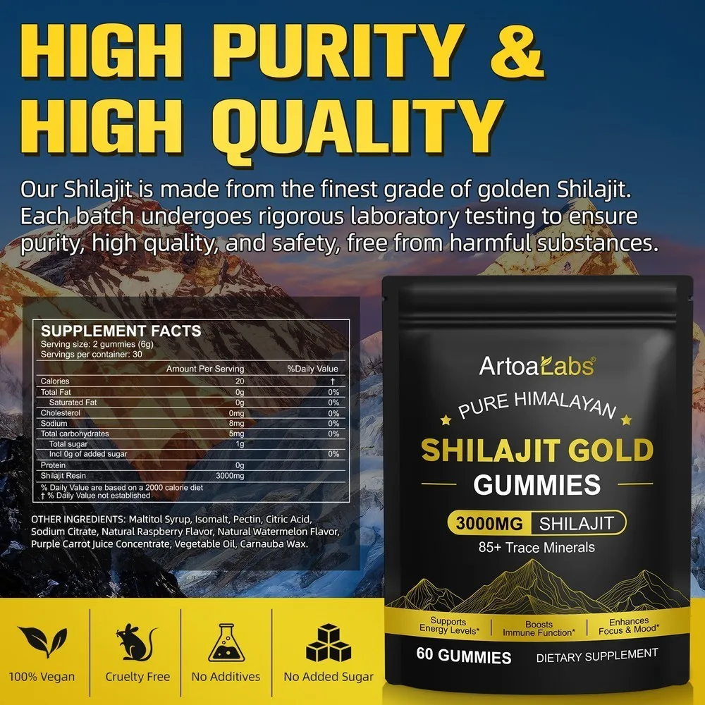 Pure Himalayan Shilajit Gold Gummies 3000mg with 85+ Trace Minerals, Supports Energy Levels, Immune Function, Vitality, 60 CT view 5