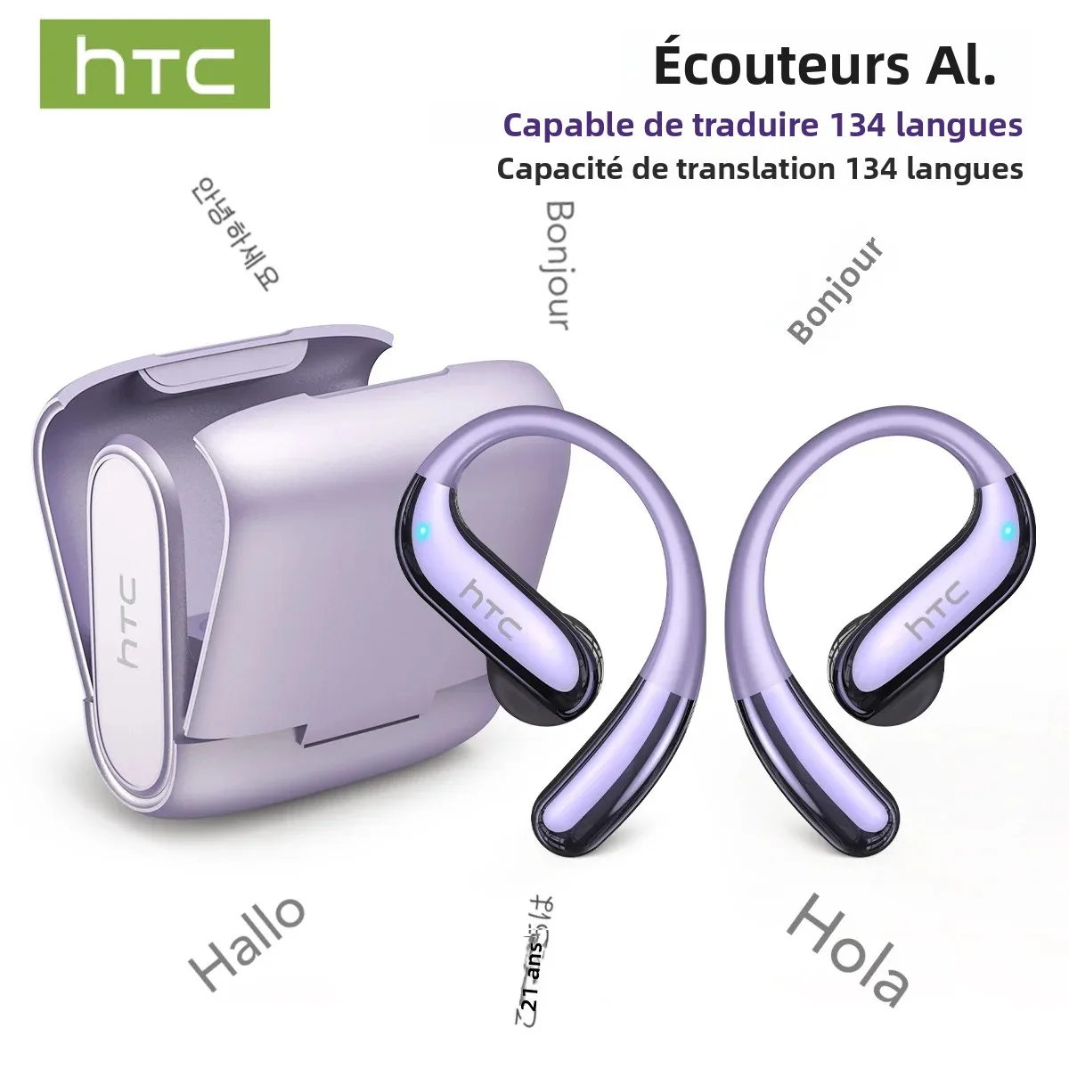 HTC NE23 écouteurs Bluetooth V6.0 écouteurs sans fil à oreille ouverte AI traducteur écouteurs HD appel élégant mince léger crochet d'oreille