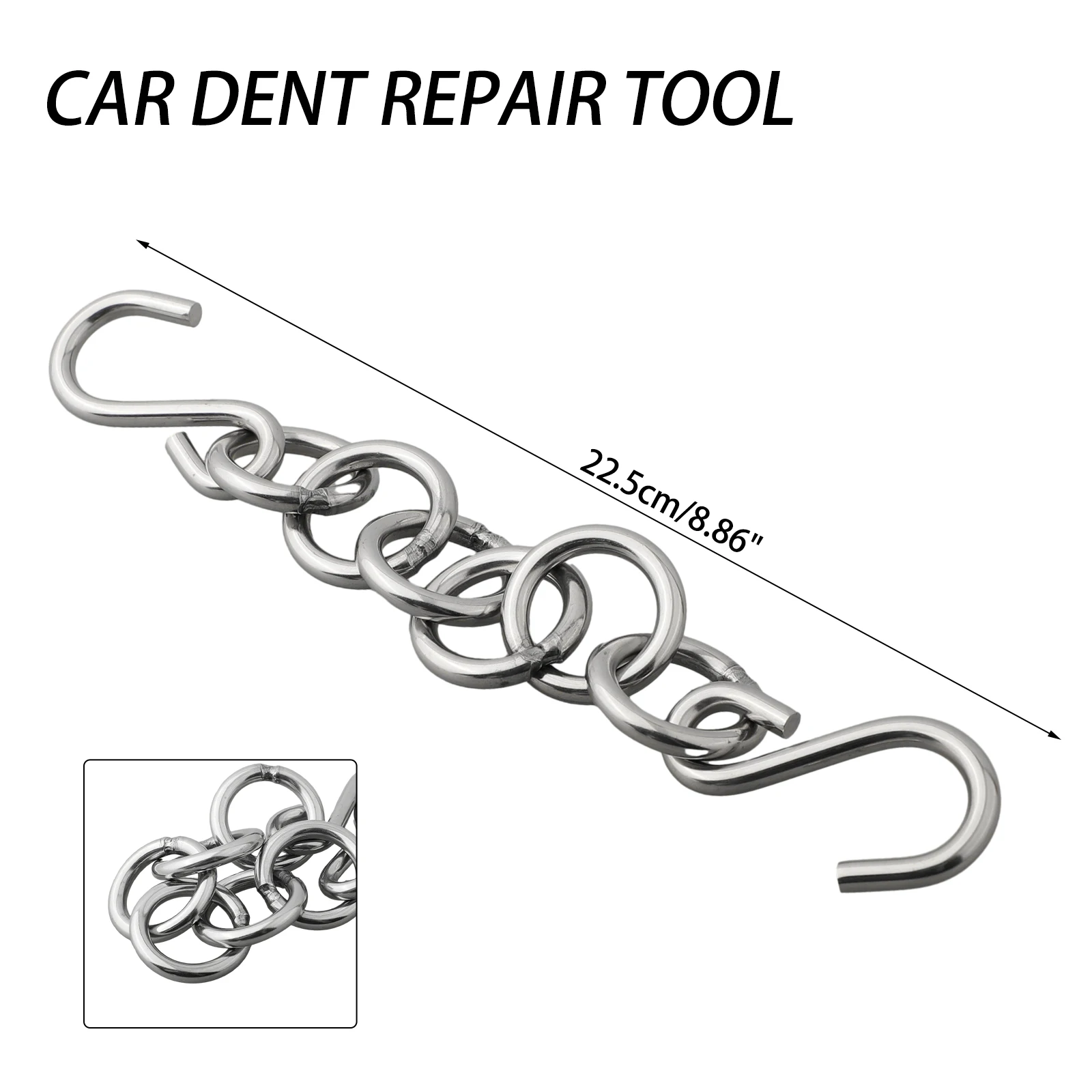 

Vehicle Dent Removal Hook Chain Tool for Auto Body Repair Featuring Stainless Steel Construction and Adjustable Rings