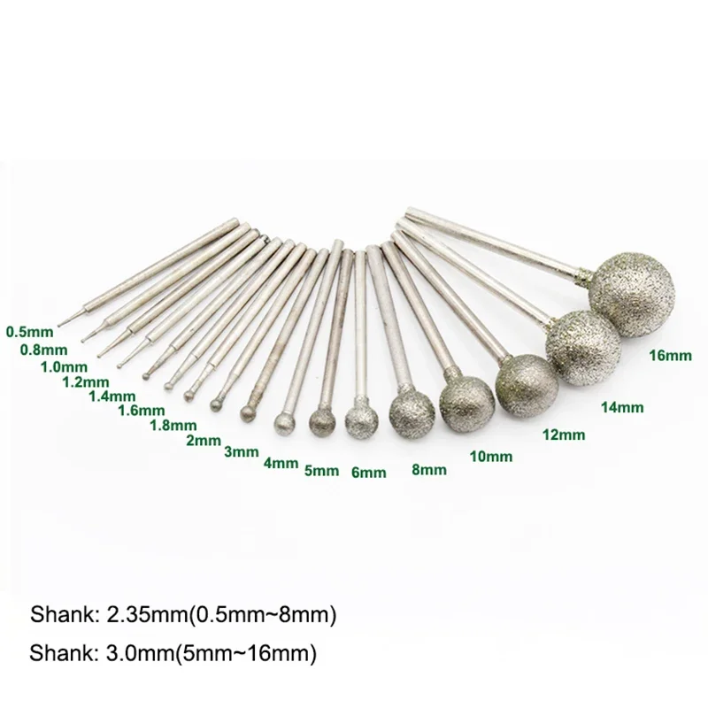 

5pcs 0.5-16mm F-Needle Ball Type Electroplated Diamond Head 2.35/3mm Shank Burr Polishing Grinding Bits for Dremel Rotary Tools