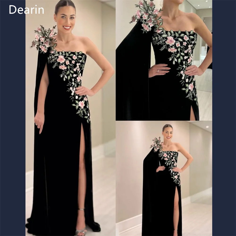 

Customized Prom Gown Dearin One Shoulder Column Floor Length Skirts Draped Applique 3D Flower Bespoke Occasion Dresses Saudi Ara