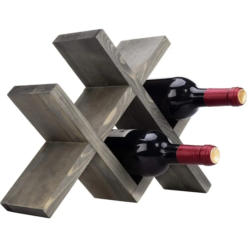 Vintage Gray Wood 4-Bottle Countertop Wine Storage Rack, Wine Bottle Tabletop Display Holder