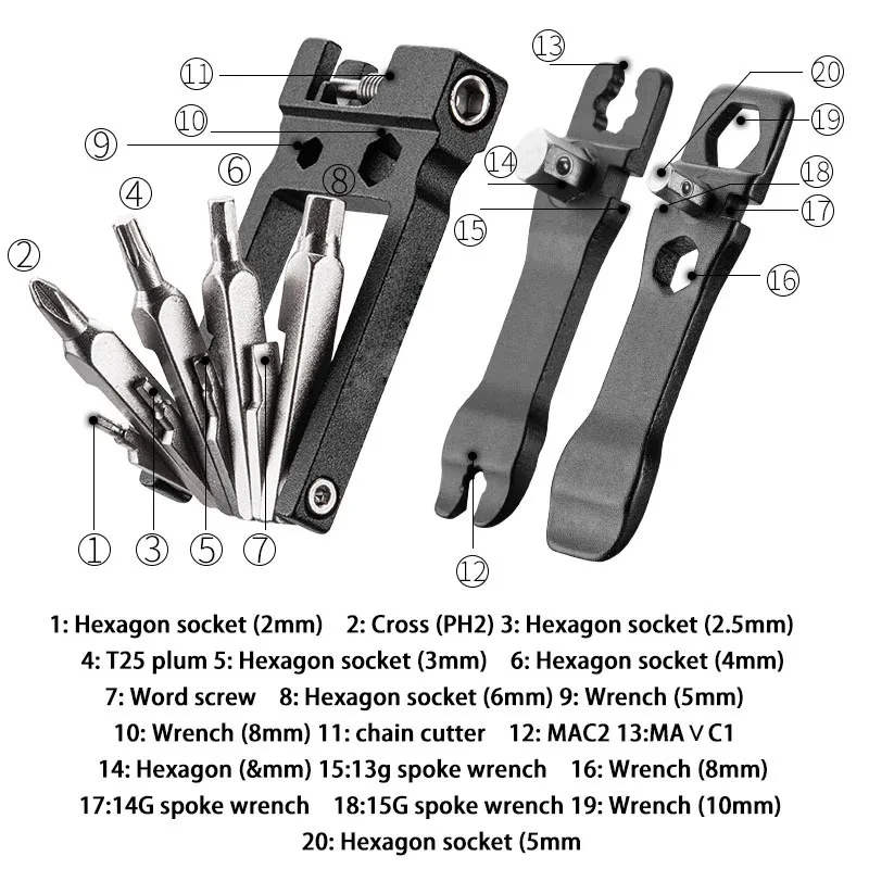 OFFBONDAGE Mountainbike-Werkzeugsets, Fahrrad-Reparatur-Werkzeugset, Sechskant-Speichenschlüssel, Mountainbike-Schraubendreher-Werkzeug, 16-in-1 – Detail 1