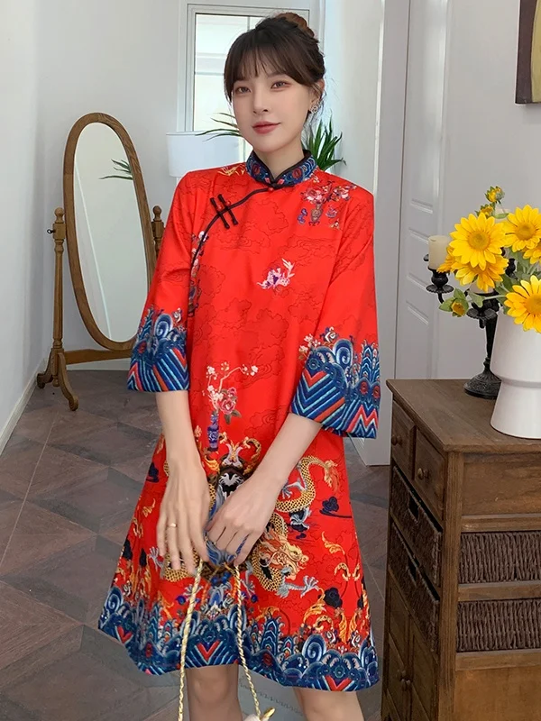 

Retro Chinese Style Long Printed Dress Loose Fit Turn-down Collar Button Detail Midi Skirt Short Sleeve Daily Wear