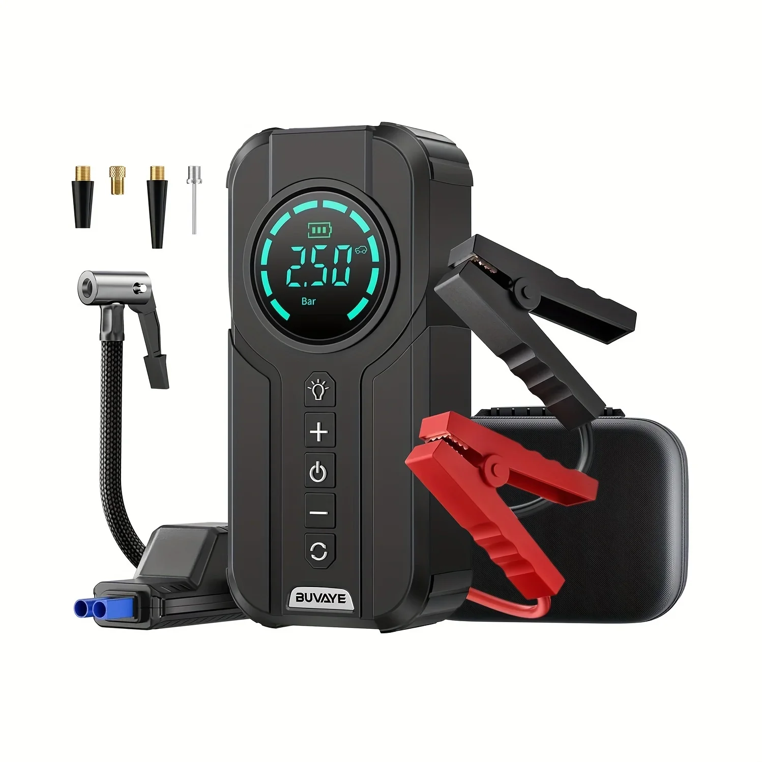 

"High Power Portable Car Jump Starter with Digital Tire Inflator, 2000A Battery Boost, Up to 1.85gal Gas Capacity"