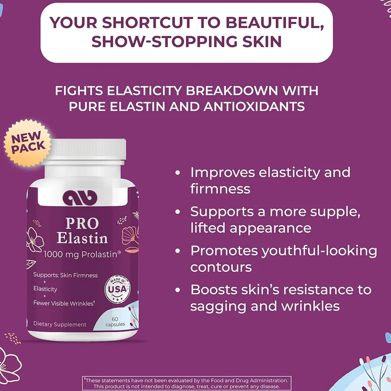 Pro Elastin, a 1000mg elastin supplement,helps reduce signs of aging,improve skin health,tighten and stretch,and reduce wrinkles