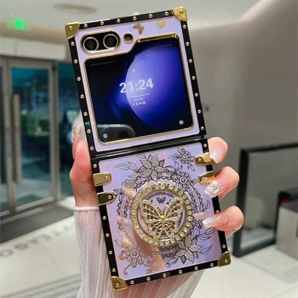 Luxury Bling Glitter Aurora Butterfly Stand Phone Case for Samsung Galaxy Z Flip 6 5 4 3 Flip6 Flip5 Flip4 Flip3 5G Holder Case